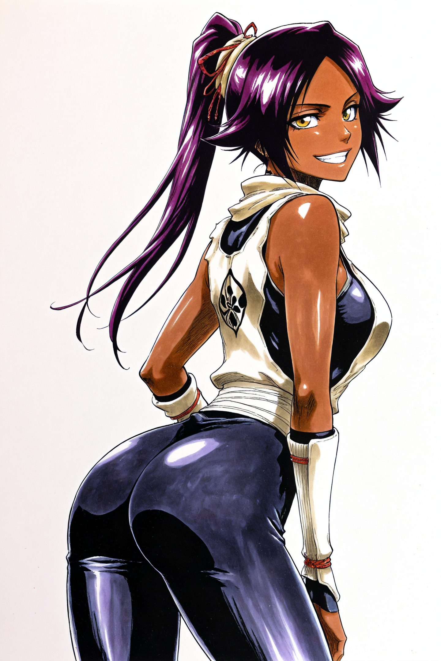 51581-2621839255-Tite Kubo Style,hatching _(texture_),1girl,shihouin yoruichi,solo,dark skin,dark-skinned female,ponytail,ass,purple hair,smile,y.png